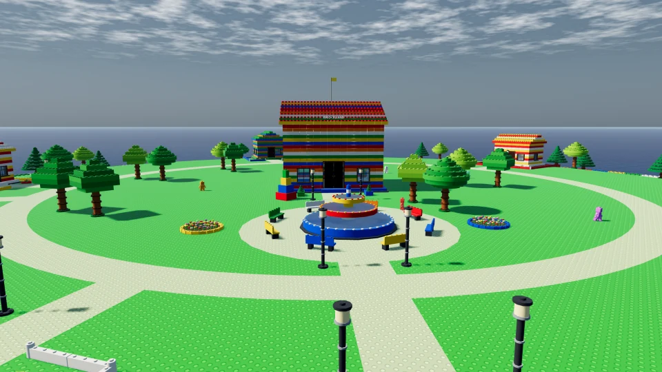The colorful fountain and central brick-built house in the Brick Island plaza.