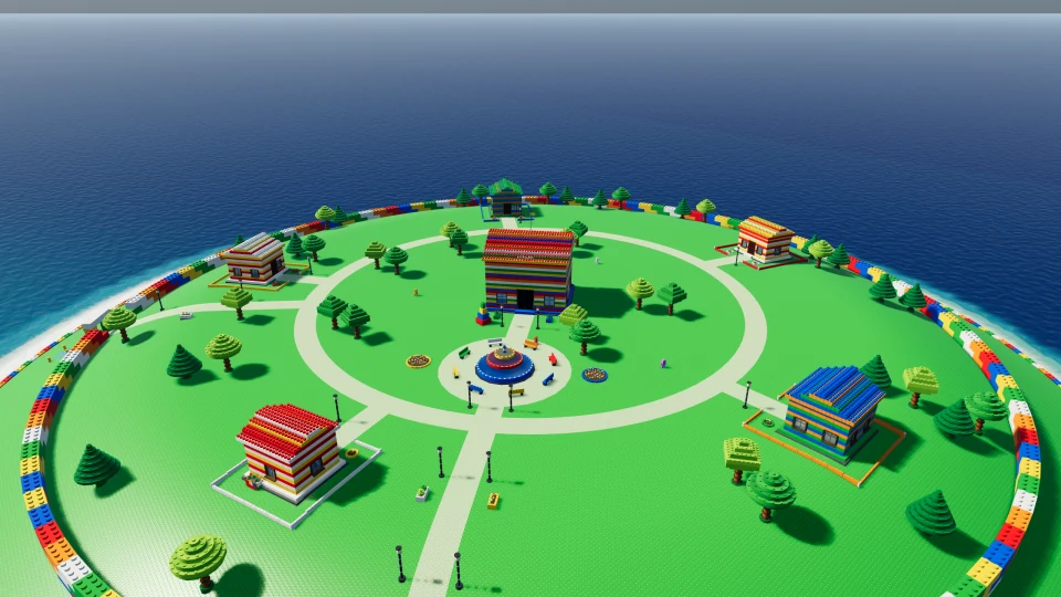 A green island built from oversized toy bricks sits just offshore.