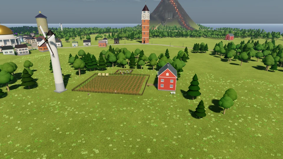 A red barn, fenced crops, and a windmill on the farm.