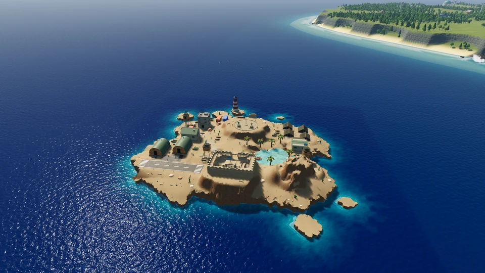 Aerial view of Fort Sandstone: a sandy island with a walled fort, a runway, hangars, an oasis pool and toy soldiers.