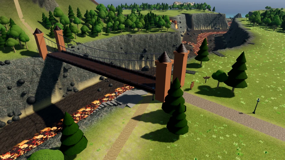 The Great ToyTown Bridge spans the gorge between rocky cliffs.