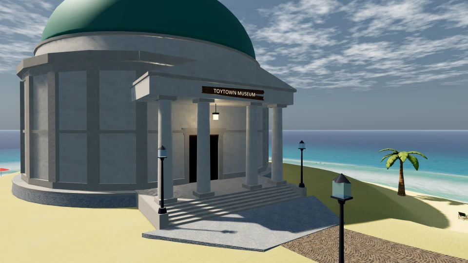 Stone columns frame the ToyTown Museum entrance, with its name board and broad steps.