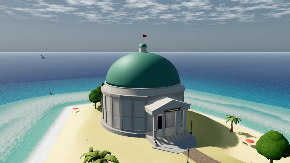 The domed ToyTown Museum stands on the sandy spit beside the coast.