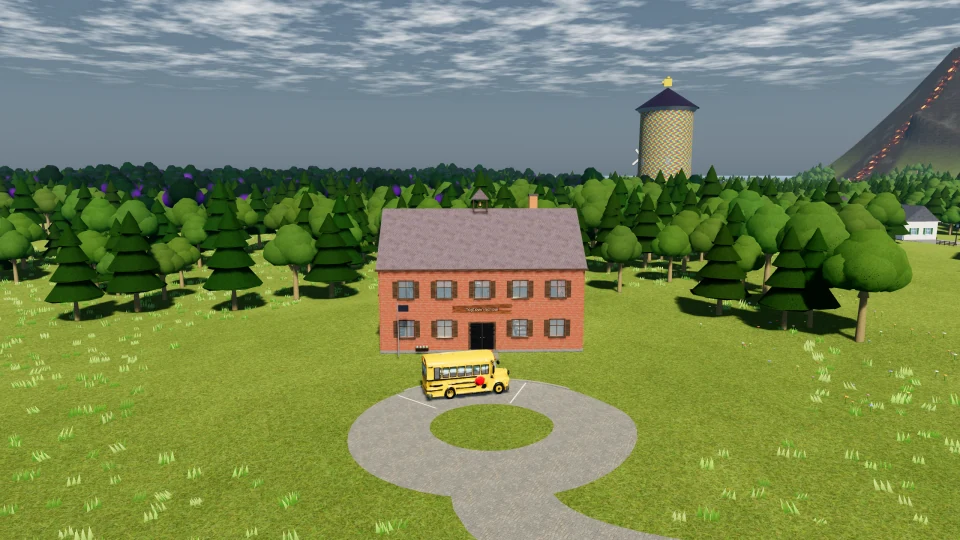 ToyTown School stands beside its loop road, with the bell cupola above the roof.