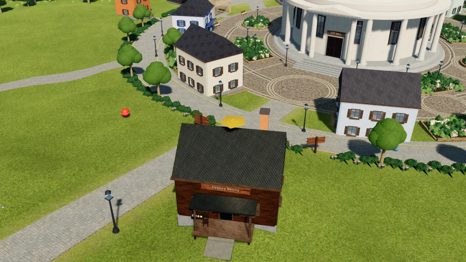 Deputy Benny's cottage and porch stand beside the City Hall plaza.