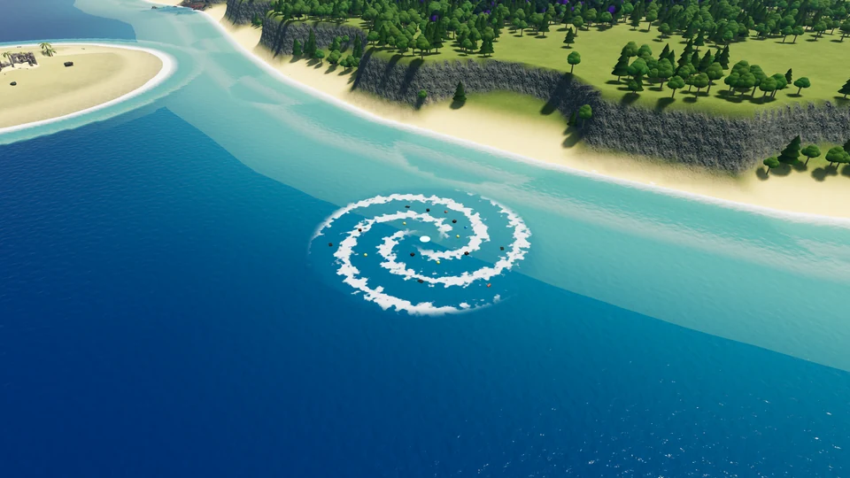 The whole Trash Gyre from above: a spiral of white water and floating junk off the island’s west coast.