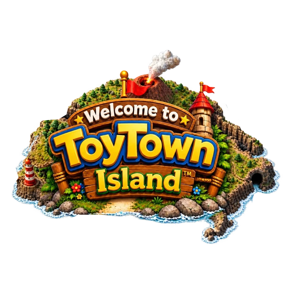 Welcome to ToyTown Island: the island with its smoking volcano, lighthouse, watchtower and cave mouth, behind a big wooden welcome sign.