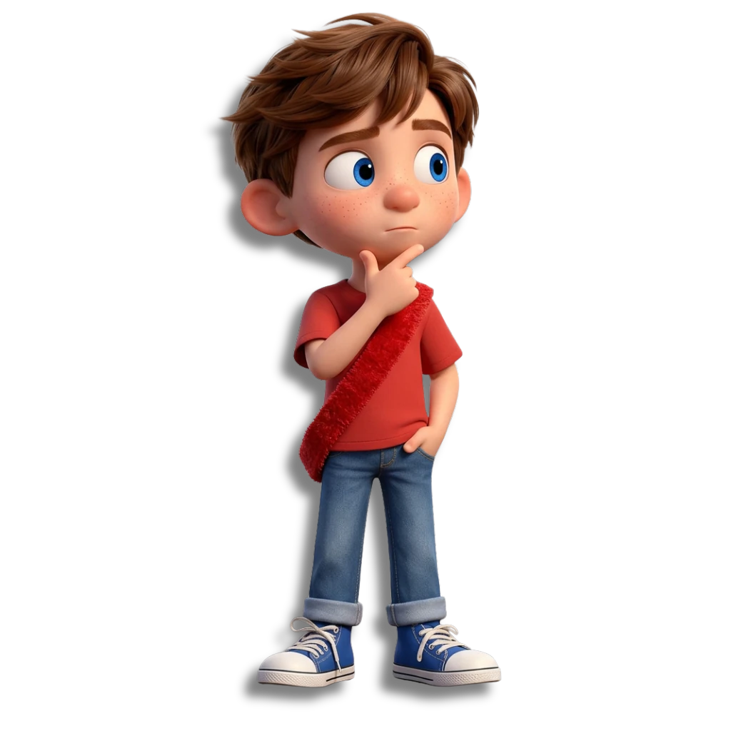 Mikey thinking, with one hand on his chin.