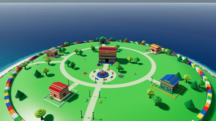 A green island built from oversized toy bricks sits just offshore.