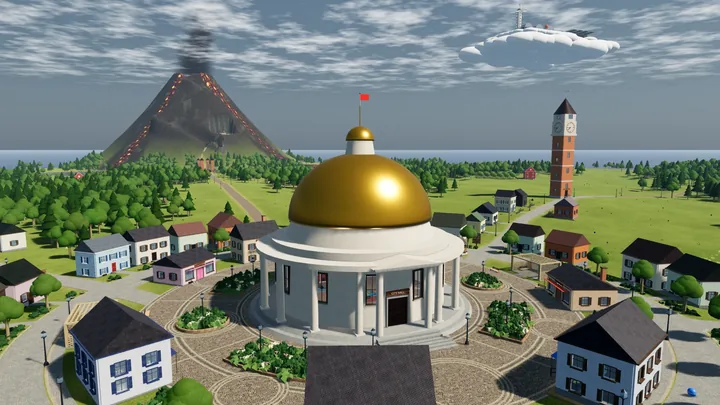 The domed City Hall and its broad paved approach in the town center.