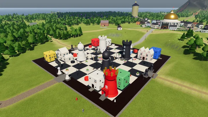 A large checkerboard plaza is surrounded by colorful game pieces and buildings.