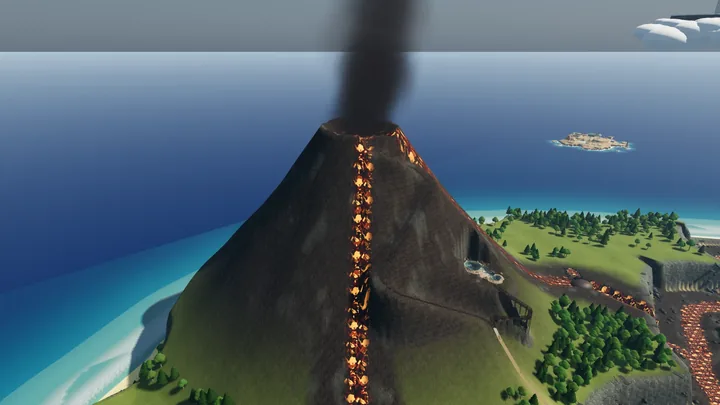 An aerial view of Mt. Shimmer's smoking summit, lava flows, and coastal slopes.