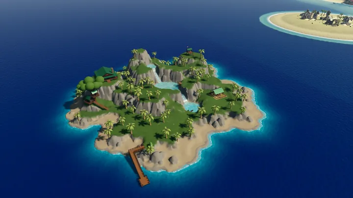 Waterfalls, palm-covered terraces, a cabin, and treehouses on Paradise Falls.