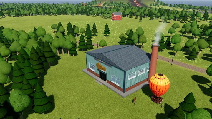 The Robot Workshop's front entrance, gear emblem, chimney, and nearby balloon.