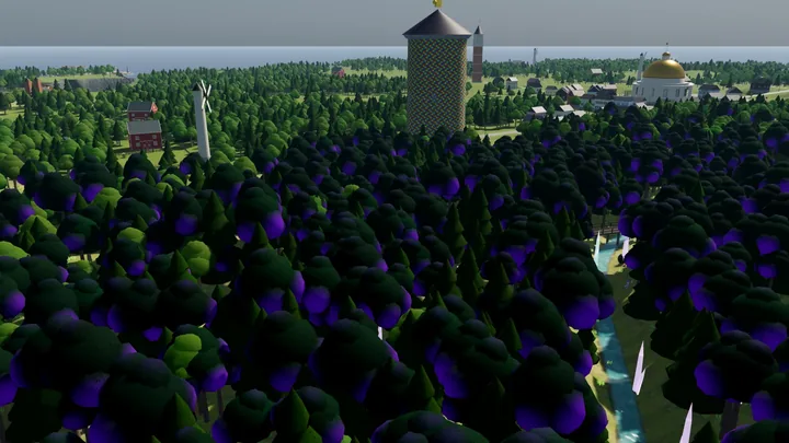 Purple-and-green forest canopy surrounds a narrow river in Whimsy Woods.